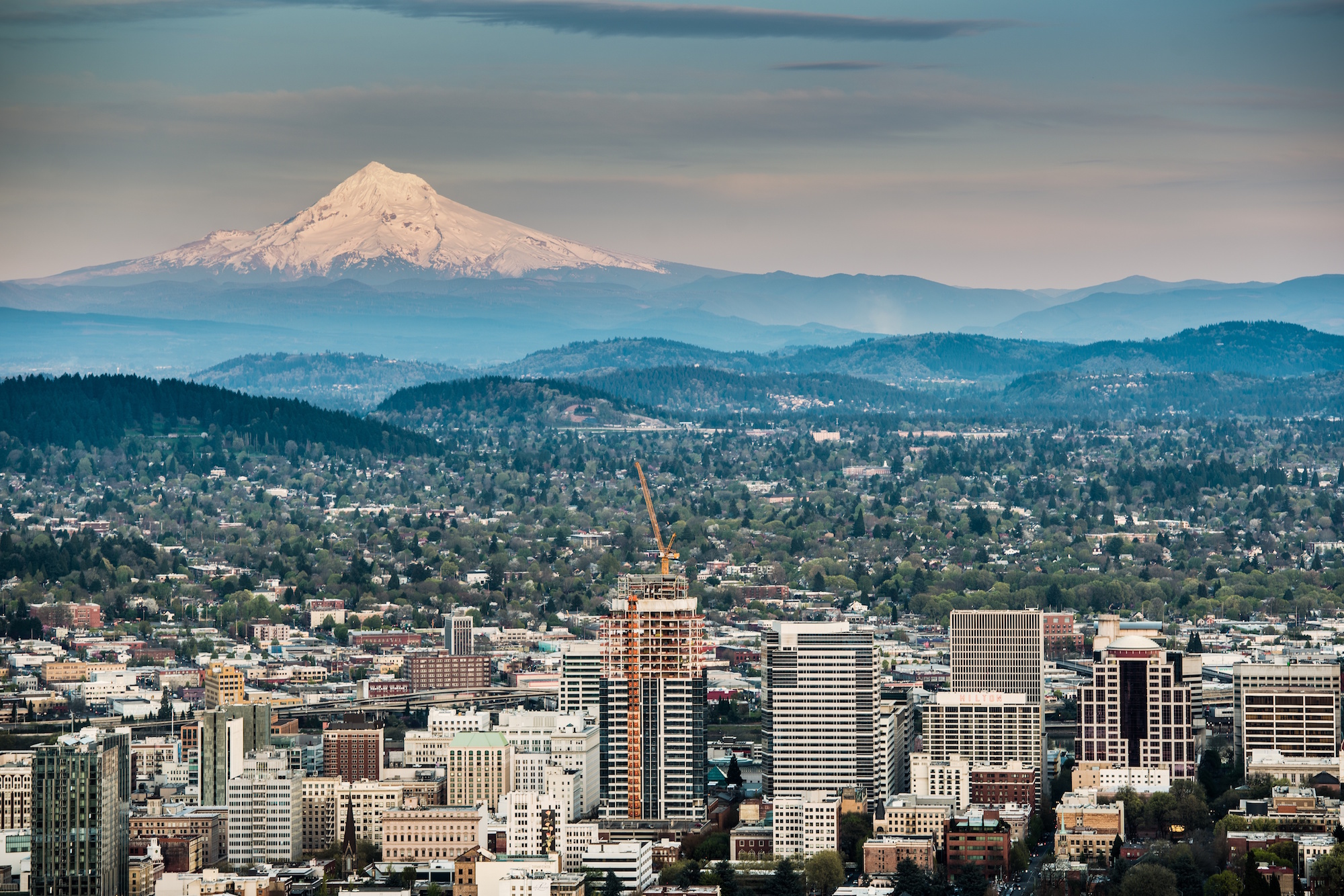 Overview of Downtown Portland with Mt. Hood in the backdrop